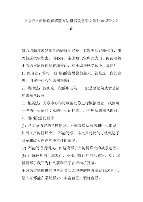 中考语文阅读理解解题方法概括段意语文课外知识语文知识