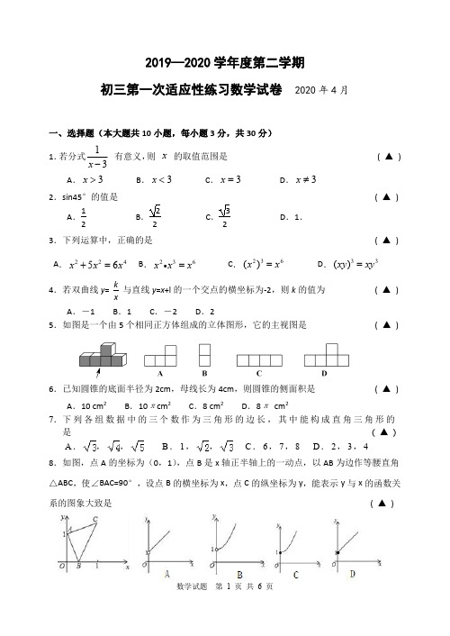 2019—2020 学年度第二学期 初三第一次适应性练习数学试卷