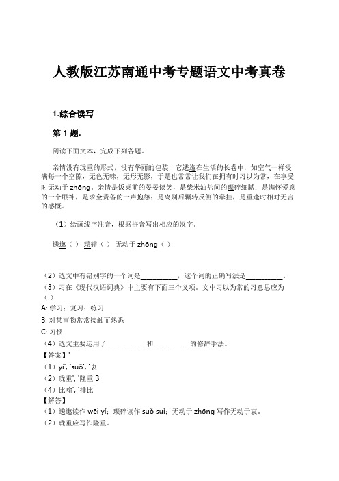 人教版江苏南通中考专题语文中考真卷试卷及解析