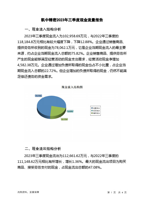 002823凯中精密2023年三季度现金流量报告