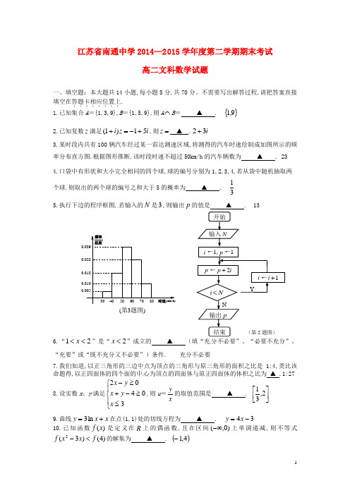 2015年7月01日江苏省南通中学2014～2015学年度高二下学期期末考试文科数学试题及参考答案解析