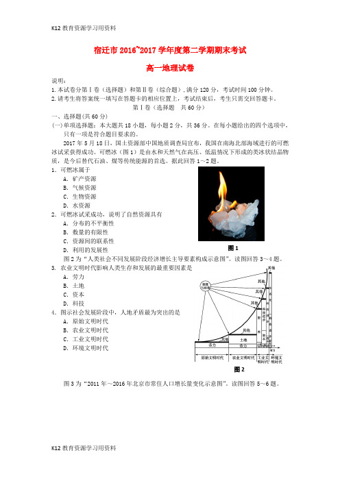 【配套K12】江苏省宿迁市2016-2017学年高一地理下学期期末考试试题