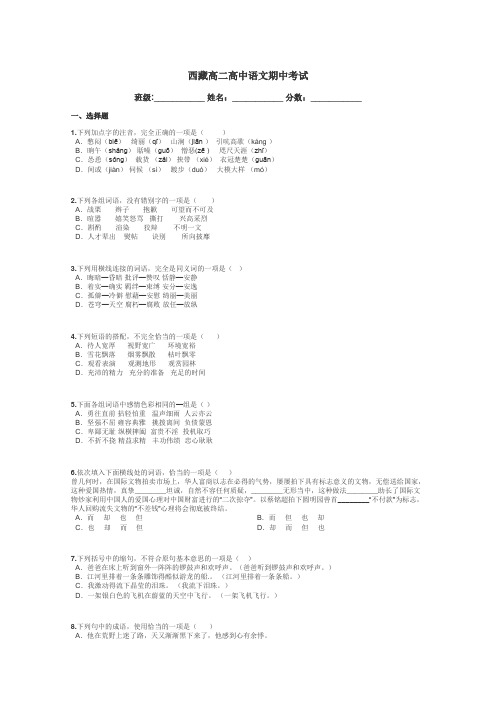 西藏高二高中语文期中考试带答案解析
