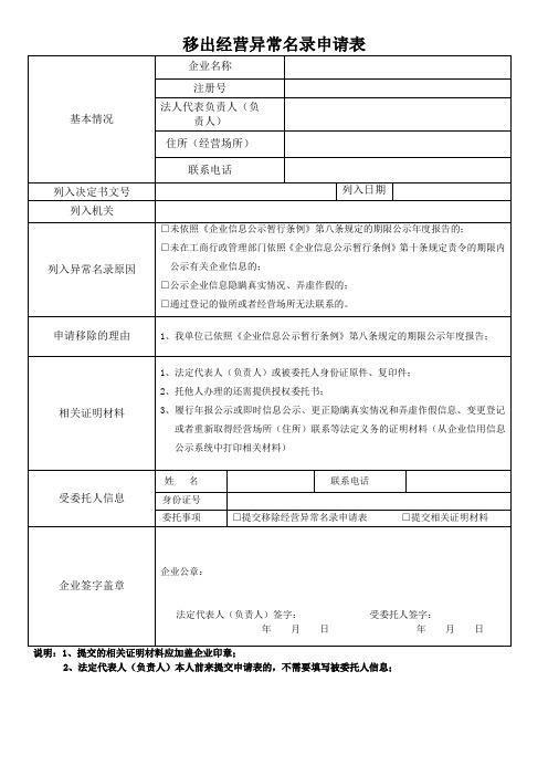 企业移出经营异常名录申请表