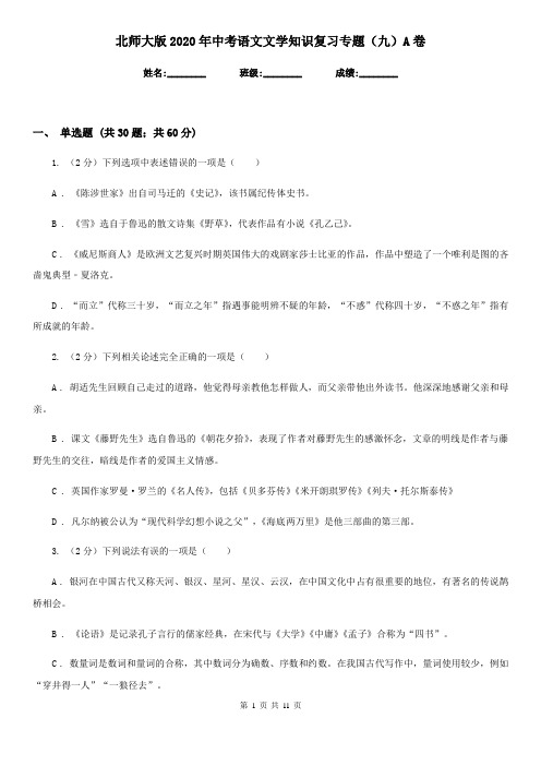 北师大版2020年中考语文文学知识复习专题(九)A卷