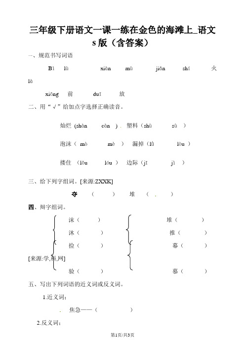 三年级下册语文一课一练在金色的海滩上_语文s版(含答案)