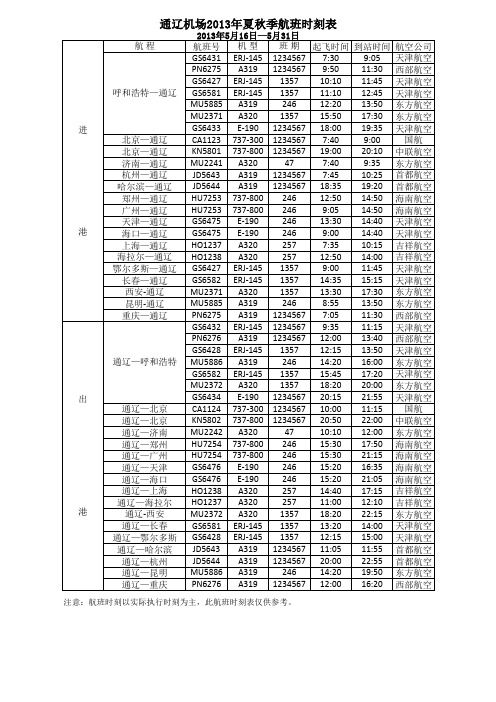 通辽机场航班时刻表(2013年5月16日-5月31日)