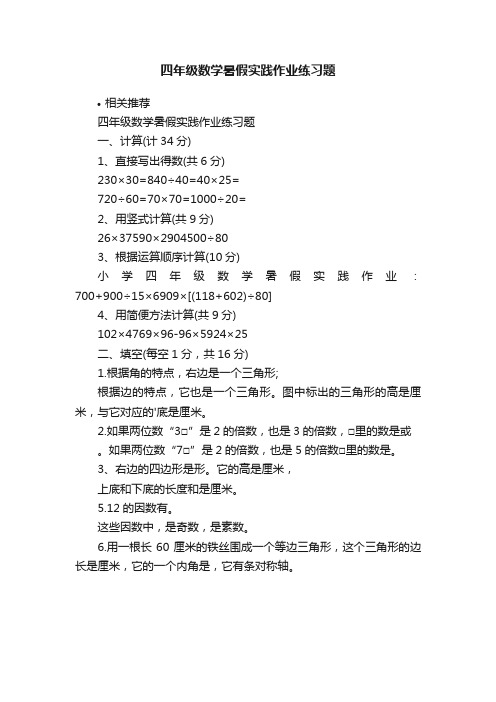 四年级数学暑假实践作业练习题