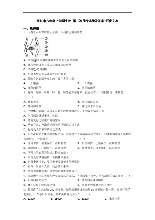 湛江市八年级上学期生物 第三次月考试卷及答案-百度文库