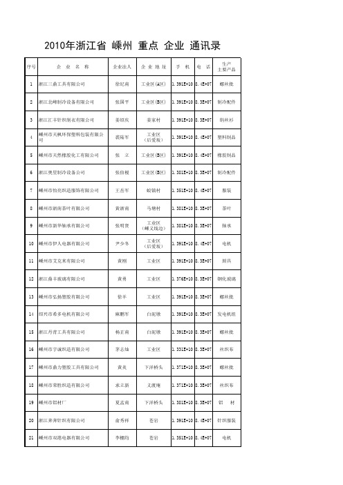 2010年 浙江 嵊州 重点企业 通讯录