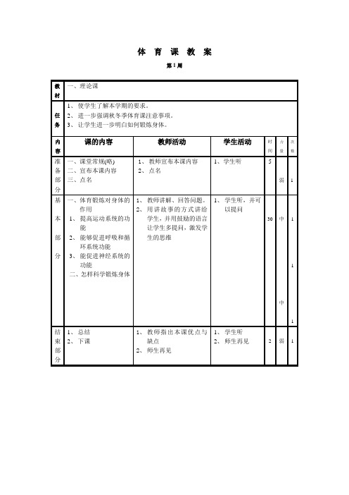 人教版六年级上册体育全册教案