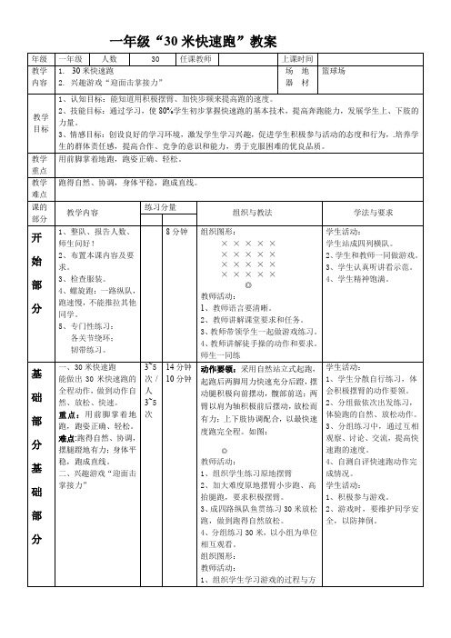 小学一年级体育30米快速跑公开课教案