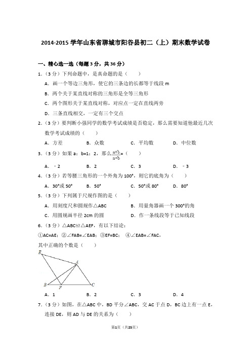 2014-2015学年山东省聊城市阳谷县八年级第一学期期末数学试卷带答案