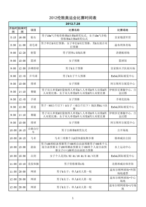 2012伦敦奥运会比赛时间表