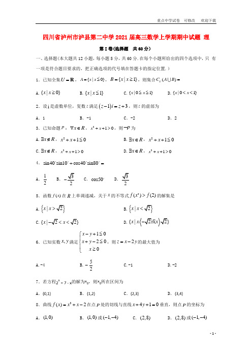 四川省泸州市泸县第二中学2021届高三数学上学期期中试题 理