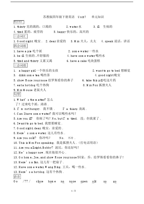 苏教版四年级下册英语Unit7单元知识.doc