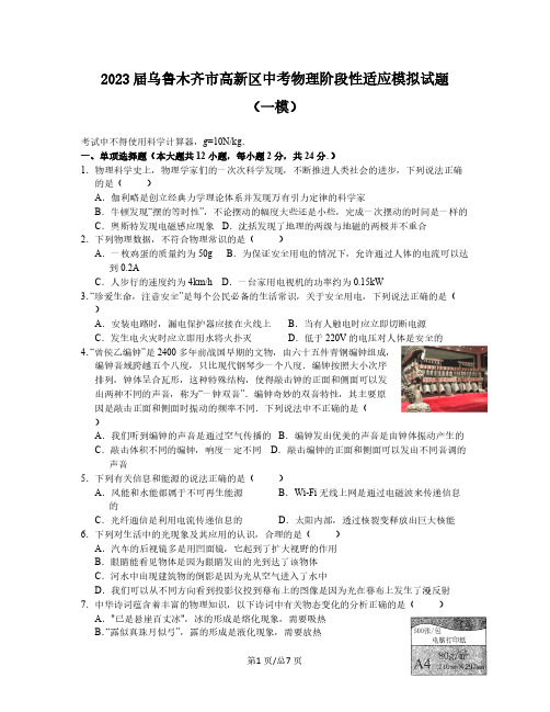 2022-2023学年乌鲁木齐市高新区中考物理阶段性适应模拟试题(一模)无答案