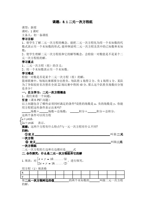 人教版七年级下册数学《二元一次方程组》全章学案