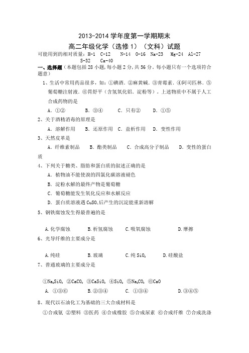 2013-2014学年度第一学期期末高二年级化学(选修1)(文科)试题