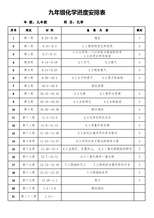 九年级化学进度安排表