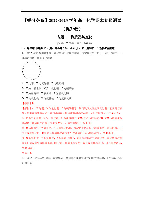 专题1 物质及其变化(提升卷)-2022-2023学年高一化学期末专题测试(解析版)