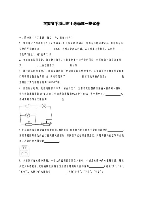 2020-2021学年河南省平顶山市中考物理一模试卷及答案解析