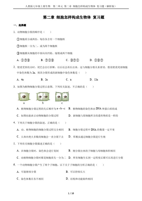 人教版七年级上册生物  第二单元 第二章 细胞怎样构成生物体 复习题(解析版)