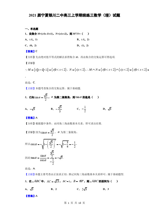 2021届宁夏银川二中高三上学期统练三数学(理)试题(解析版)