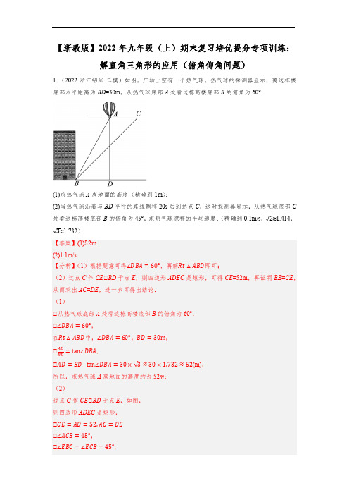 解直角三角形的应用：俯角仰角问题 (解析版)