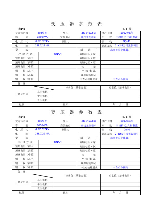 变压器参数表