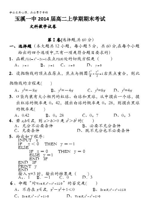 云南省玉溪一中2012-2013学年高二上学期期末考试 文科数学 含答案