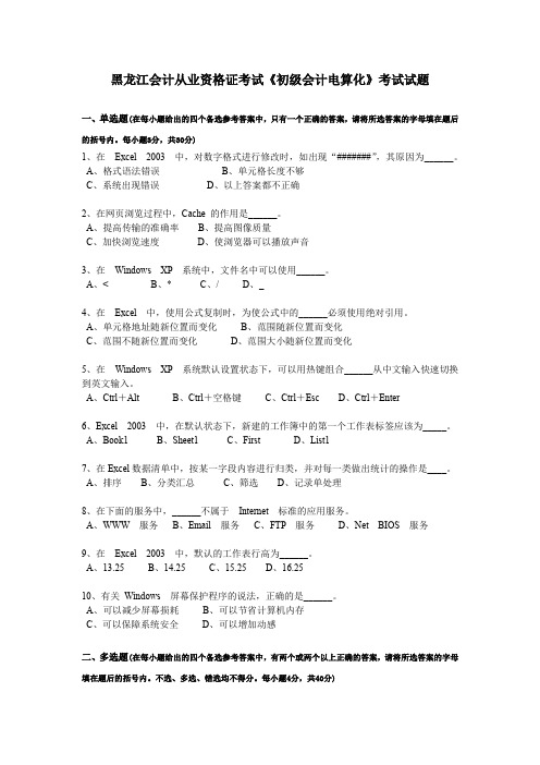 黑龙江会计从业资格证考试《初级会计电算化》考试试题