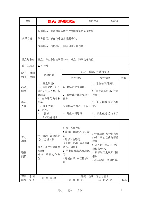 新疆乌鲁木齐县第一中学九年级体育 第十周《跳跃：蹲踞式跳远》教案 人教新课标版