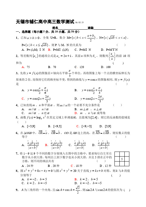 无锡市辅仁高中高三数学测试