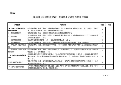 XX项目区域用海规划海域使用论证报告质量评价表