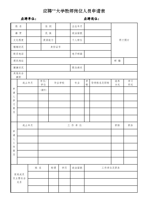 应聘山东大学教师岗位人员申请表【模板】