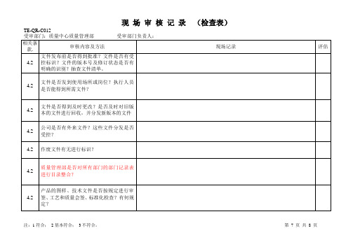 质量管理体系内审--质量管理部检查表模板