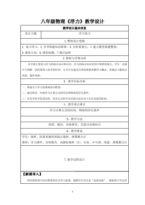 初中物理_第十章浮力教学设计学情分析教材分析课后反思