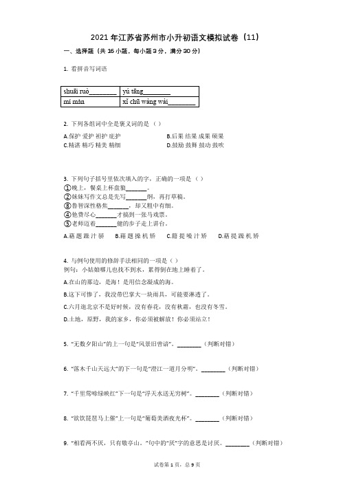 2021年江苏省苏州市小升初语文模拟试卷(11)祥细答案与解析