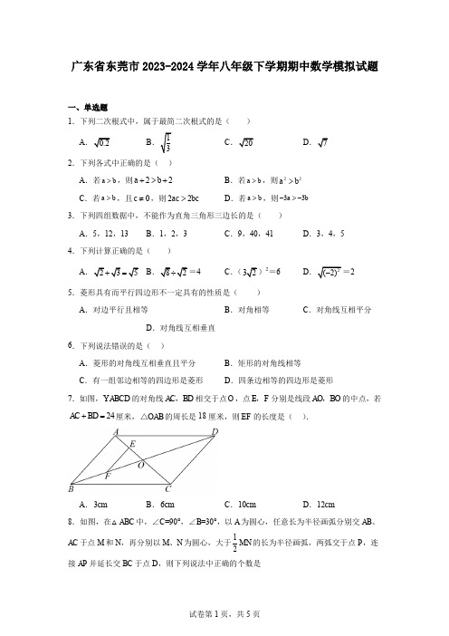 广东省东莞市2023-2024学年八年级下学期期中数学模拟试题