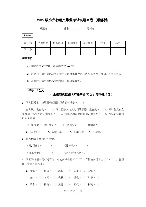 2019版小升初语文毕业考试试题B卷 (附解析)