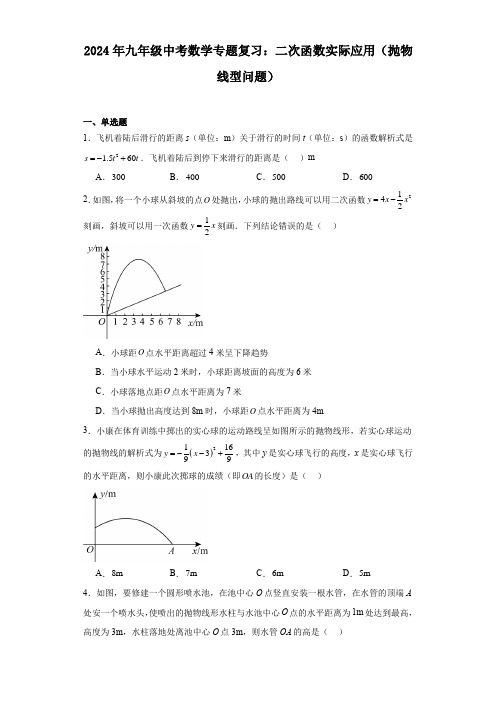 2024年九年级中考数学专题复习：二次函数实际应用(抛物线型问题)