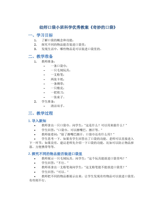 幼师口袋小班科学优秀教案《奇妙的口袋》