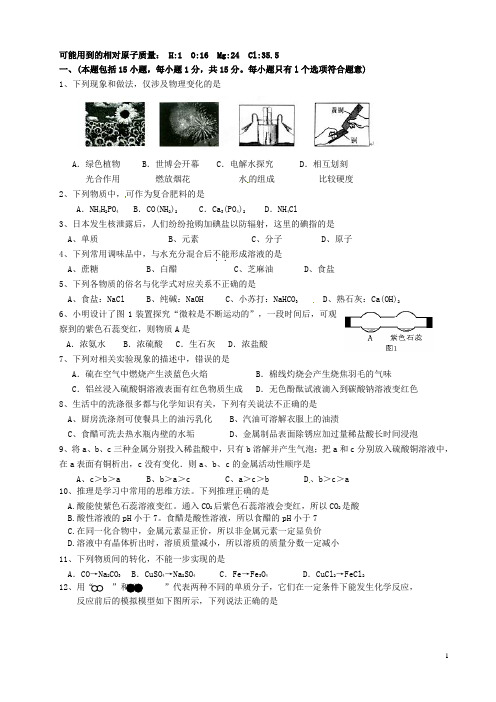 江苏省无锡市滨湖中学中考化学模拟试题2(无答案) 新人教版