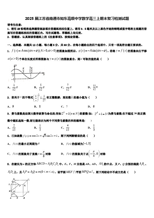 2025届江苏省南通市如东高级中学数学高三上期末复习检测试题含解析