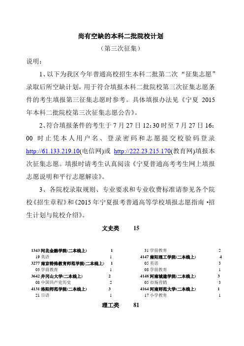 尚有空缺的本科二批院校计划