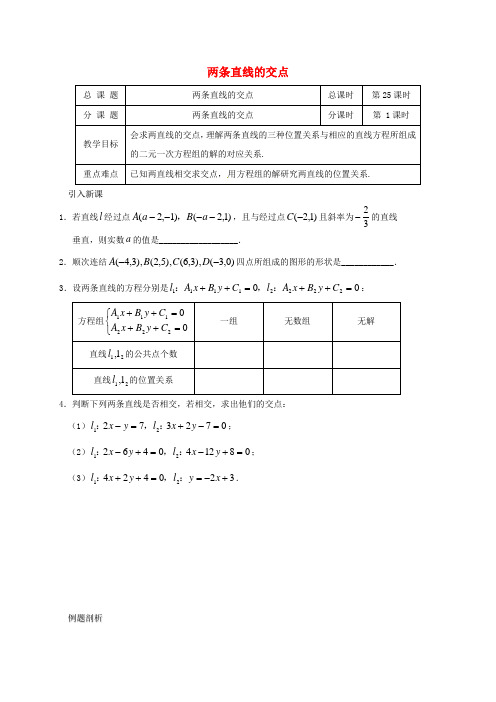 江苏省海门市包场镇高中数学 第三章 直线与方程 3.3.1 两条直线的交点导学案(无答案) 新人教A版必修2