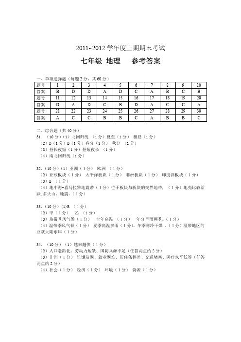 2011~2012学年度上期期末考试