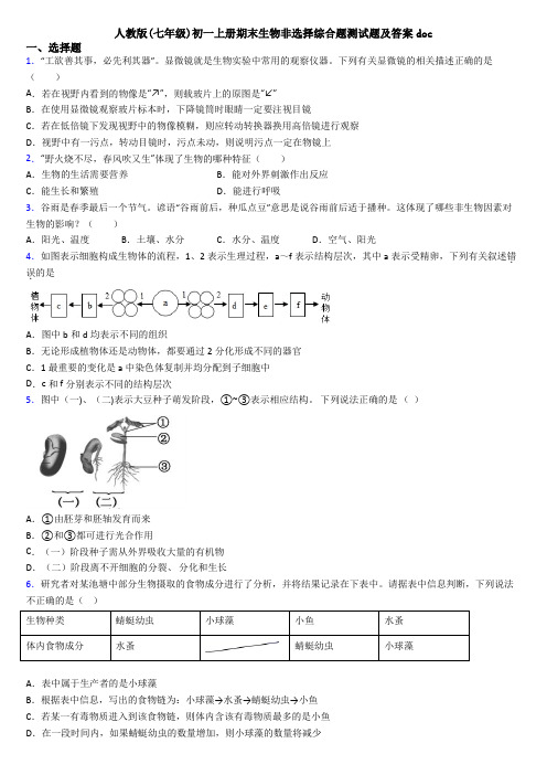 人教版(七年级)初一上册期末生物非选择综合题测试题及答案doc