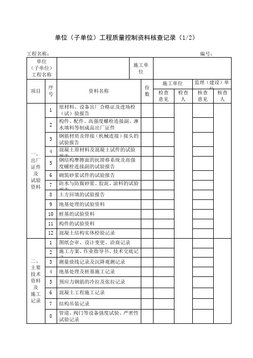 单位子单位工程质量控制核查记录项目施工管理表格